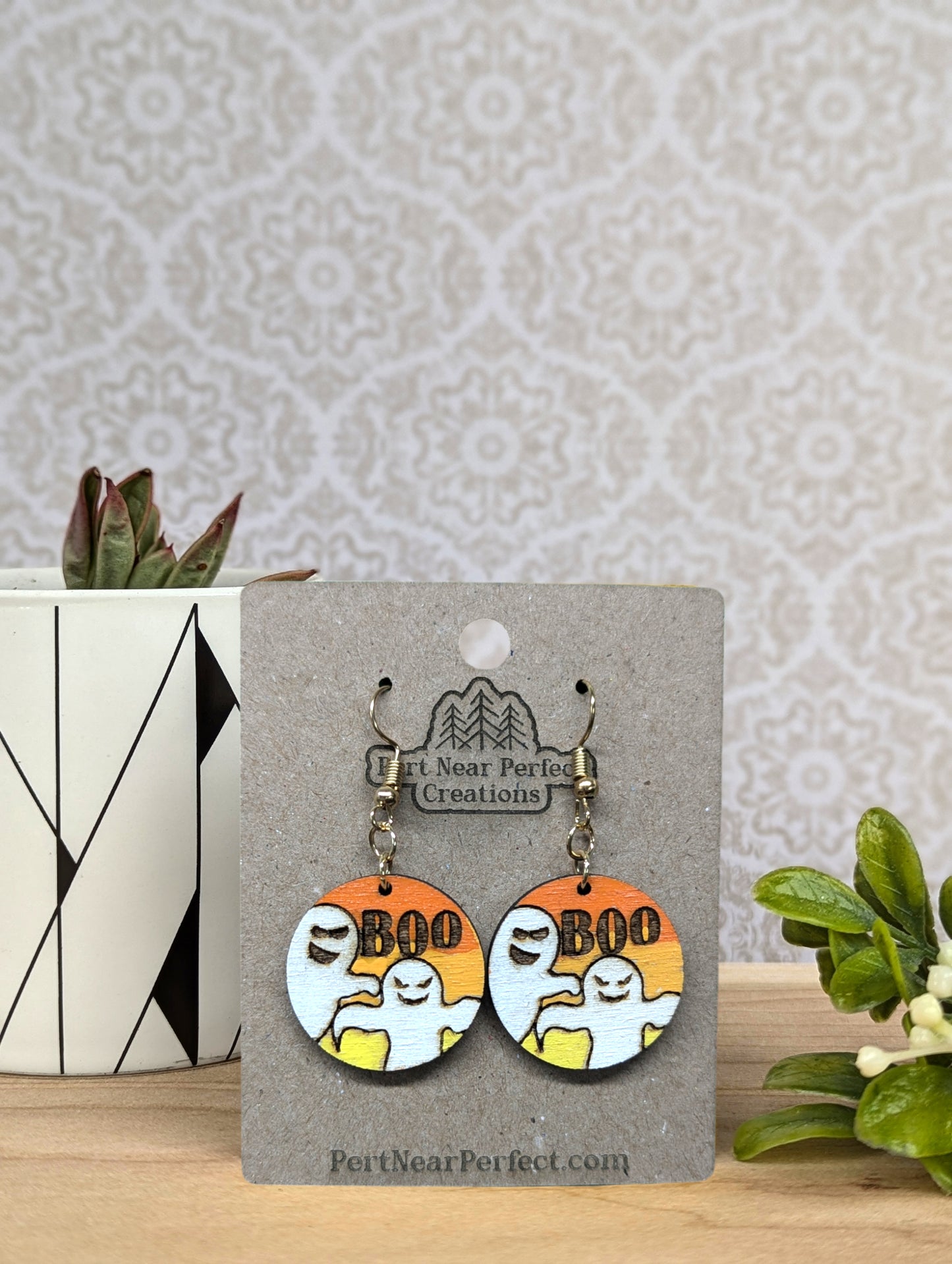 Halloween 'Boo' Ghost Earrings – Handcrafted Wooden Jewelry