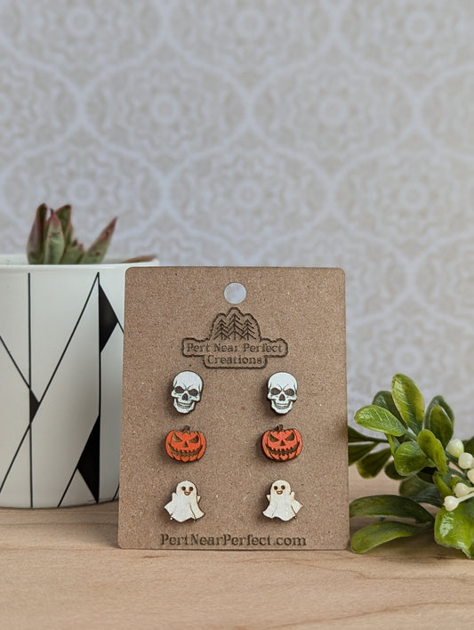 Handcrafted Halloween Wooden Earring Set – Skulls, Pumpkins, & Ghosts