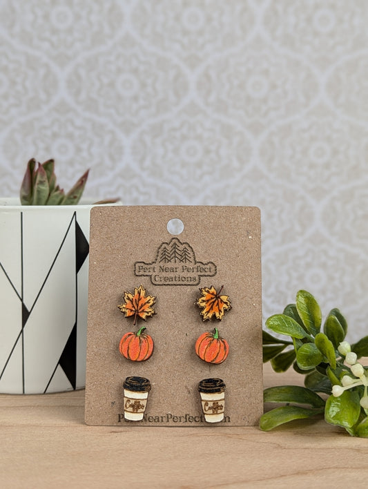 Handcrafted Fall Wooden Earring Set – Leaves, Pumpkins, & Coffee