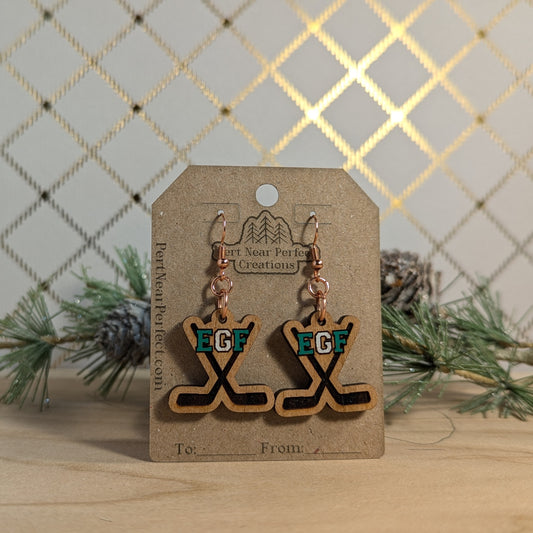 EGF Hockey Themed Earrings Crossed Sticks with Puck - Dangles